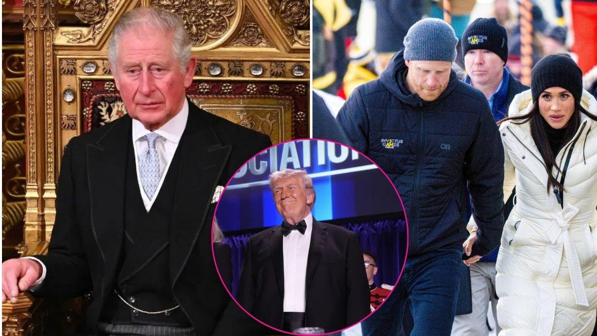 image split and inset of trump, king, meghan and harry