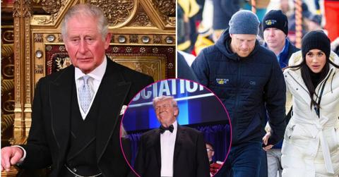 image split and inset of trump, king, meghan and harry