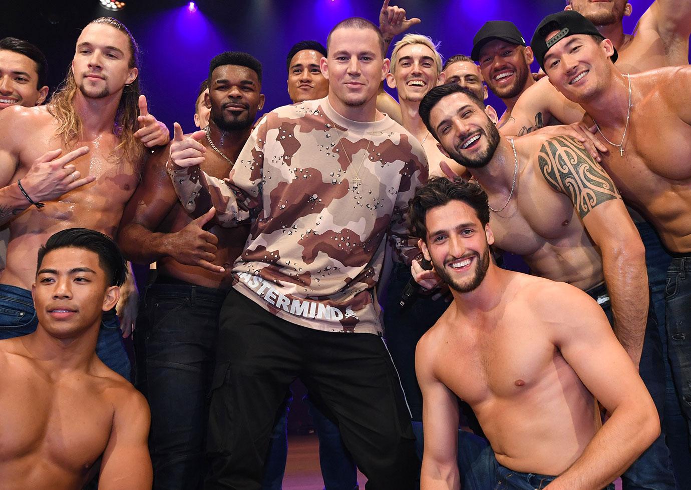 Magic Mike actor Channing Tatum (C) poses with dancers at the Regent Theatre in Melbourne, Australia, 03 December 2019