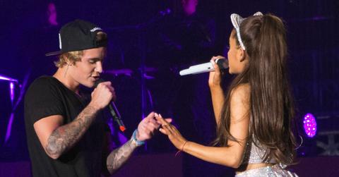 Justin Bieber and Ariana Grande show off their moves as they perform together during Ariana Grande’s The Honeymoon Tour at the Forum in Inglewood, CA