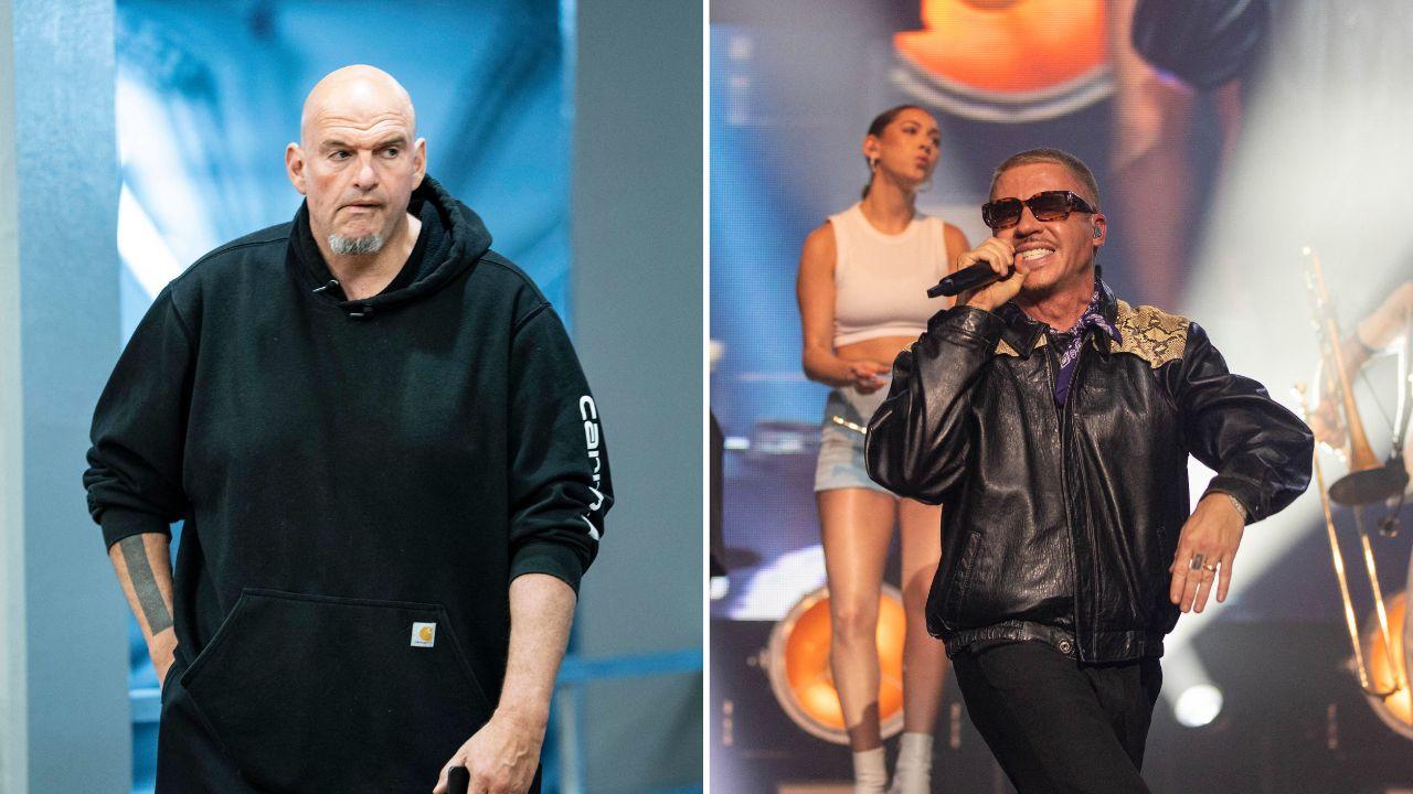 Split photo of John Fetterman and Macklemore