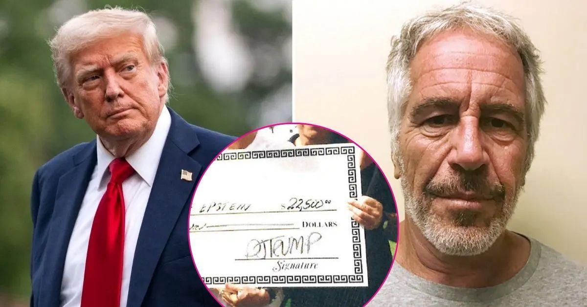 Composite photo of Donald Trump, Jeffrey Epstein and a check.