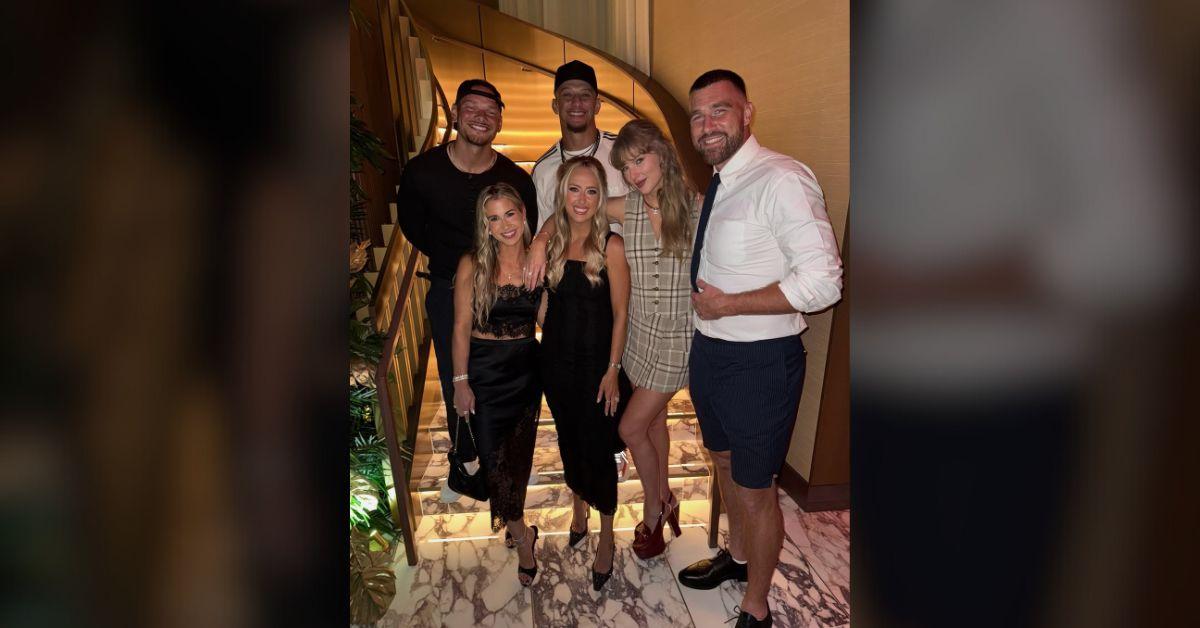 Photo of Taylor Swift posed alongside the star-studded group at Patrick Mahomes' birthday. 