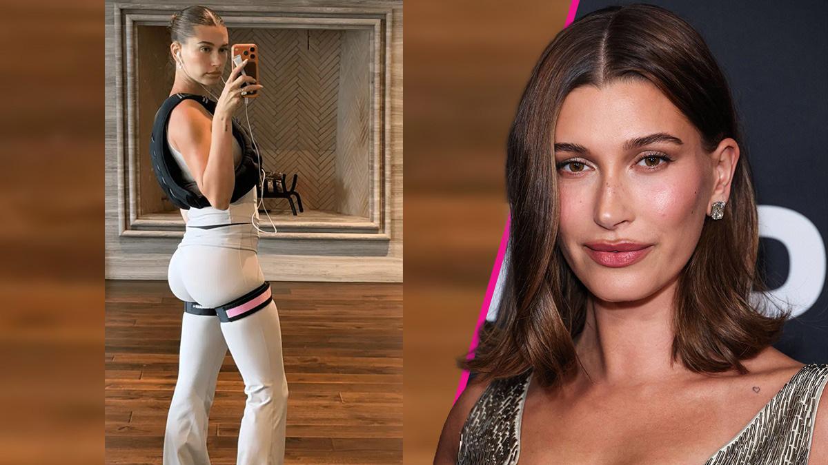 Image of Hailey Bieber's enviable figure is on full display as she uses new fitness bands.