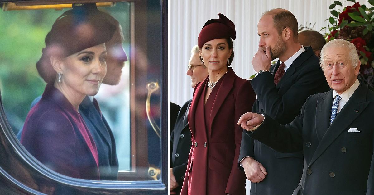 Photos of Kate Middleton and the royal family welcoming the Amir of the State of Qatar to London.