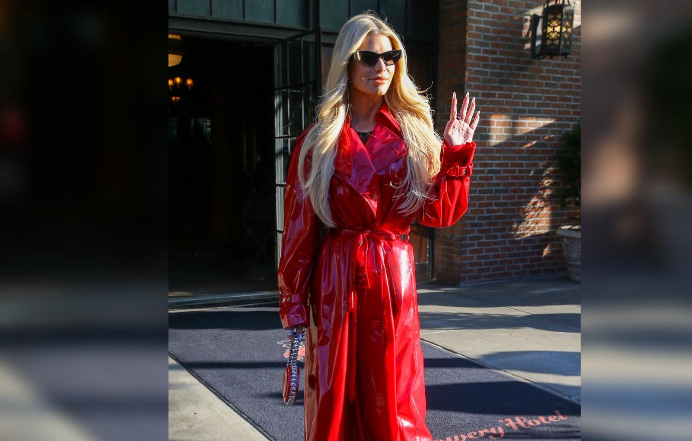 Jessica Simpson Stuns In Red Leather Trench Coat In NYC: Photos