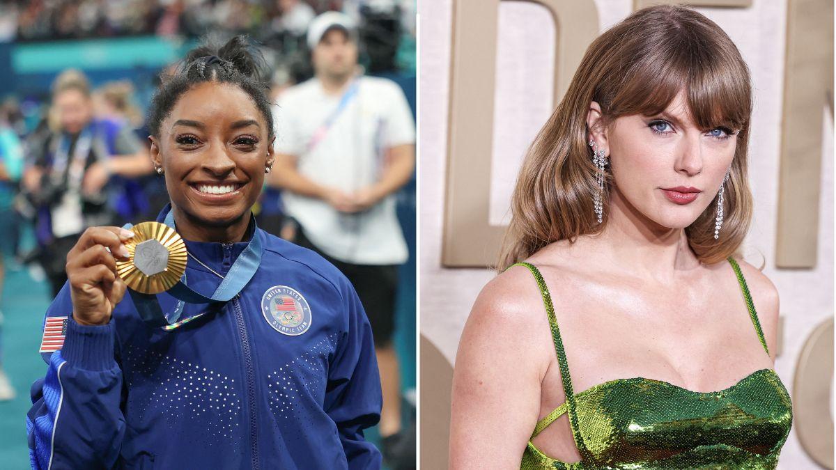 Split photo of Simone Biles and Taylor Swift