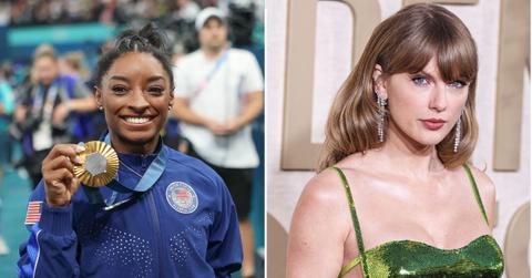 Split photo of Simone Biles and Taylor Swift