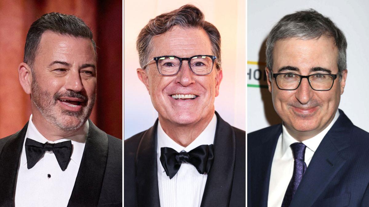 Photo of Jimmy Kimmel, Stephen Colbert and John Oliver.