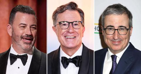 Photo of Jimmy Kimmel, Stephen Colbert and John Oliver.