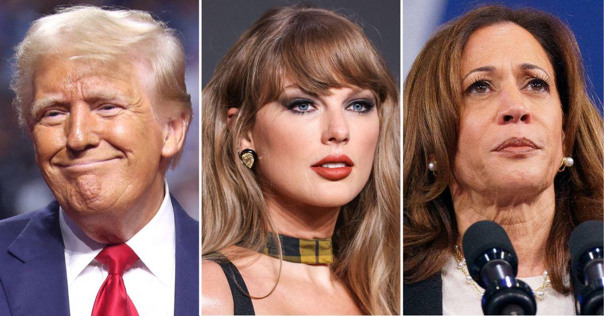 Composite photo of Donald Trump, Taylor Swift and Kamala Harris.