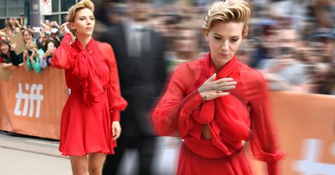 scarlett johansson wardrobe malfunction red dress