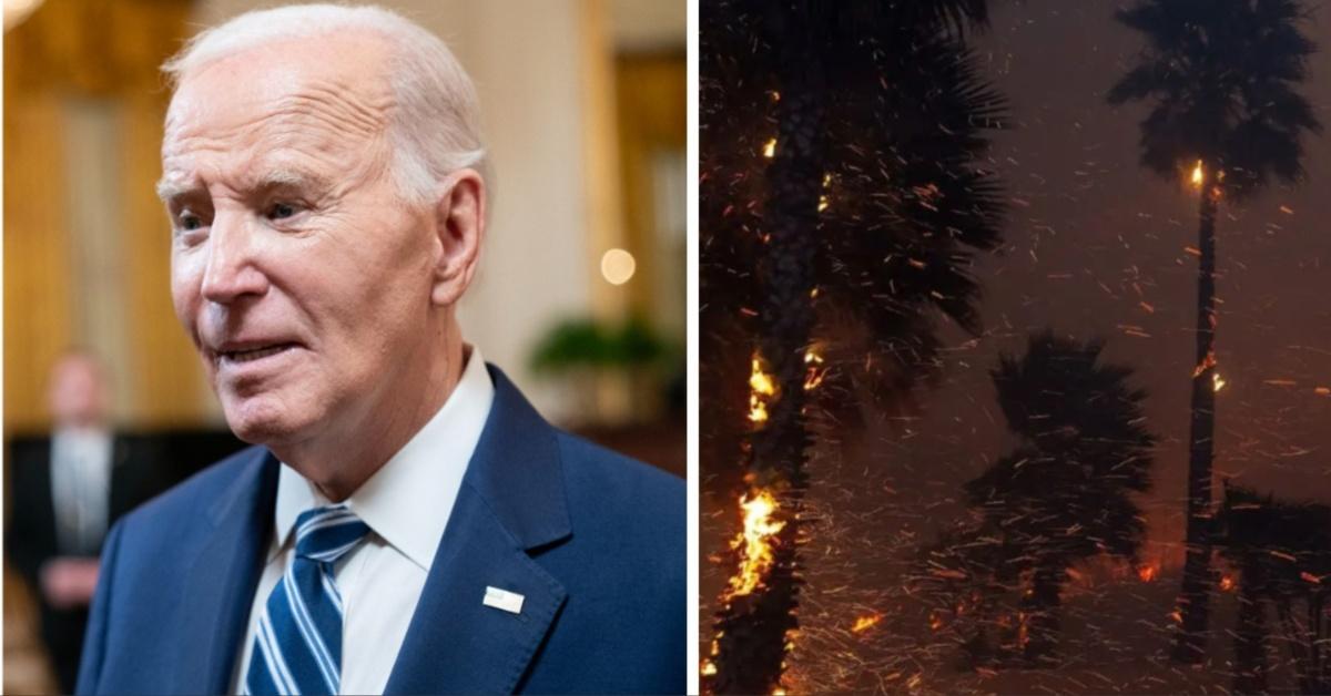 Split photos of Joe Biden and the California wildfire.