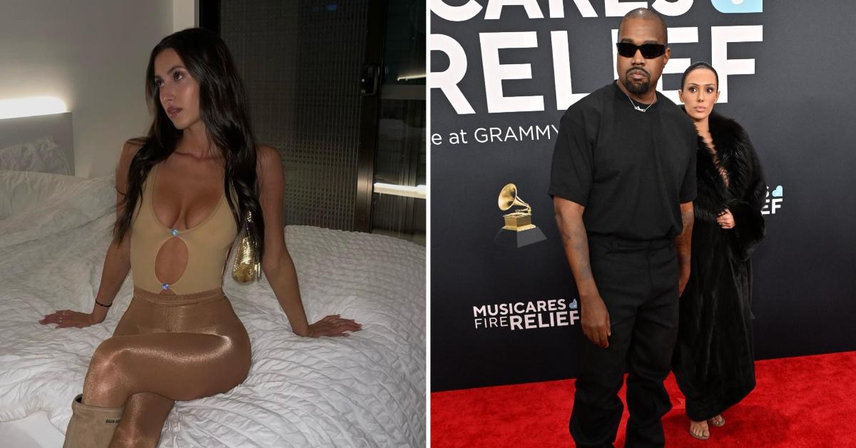 Photo of Angelina Censori and a picture of Kanye West with Bianca Censori