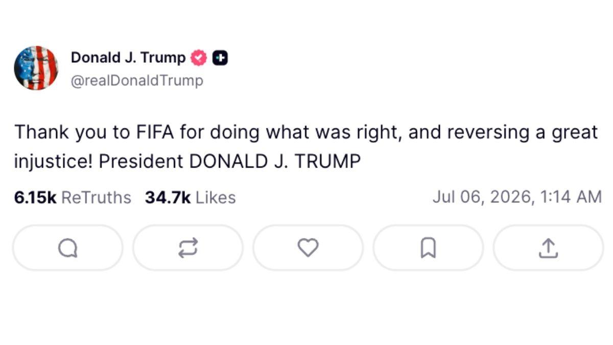 Image of Donald Trump celebrated FIFA's decision on Truth Social.