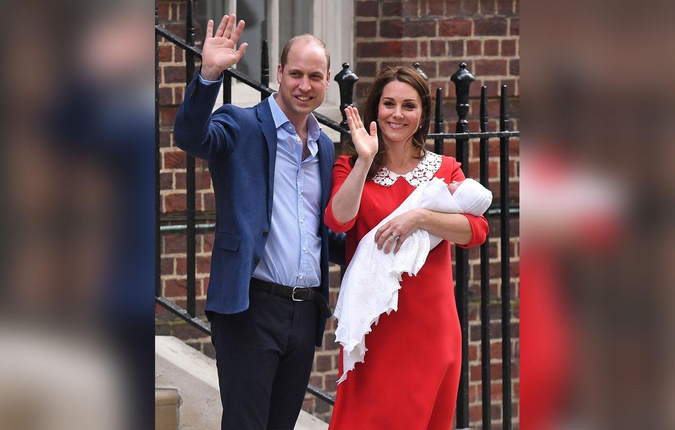 Catherine, Duchess of Cambridge and husband, Prince William pictured with their 3rd child leaving St. Mary&#8217;s Hospital