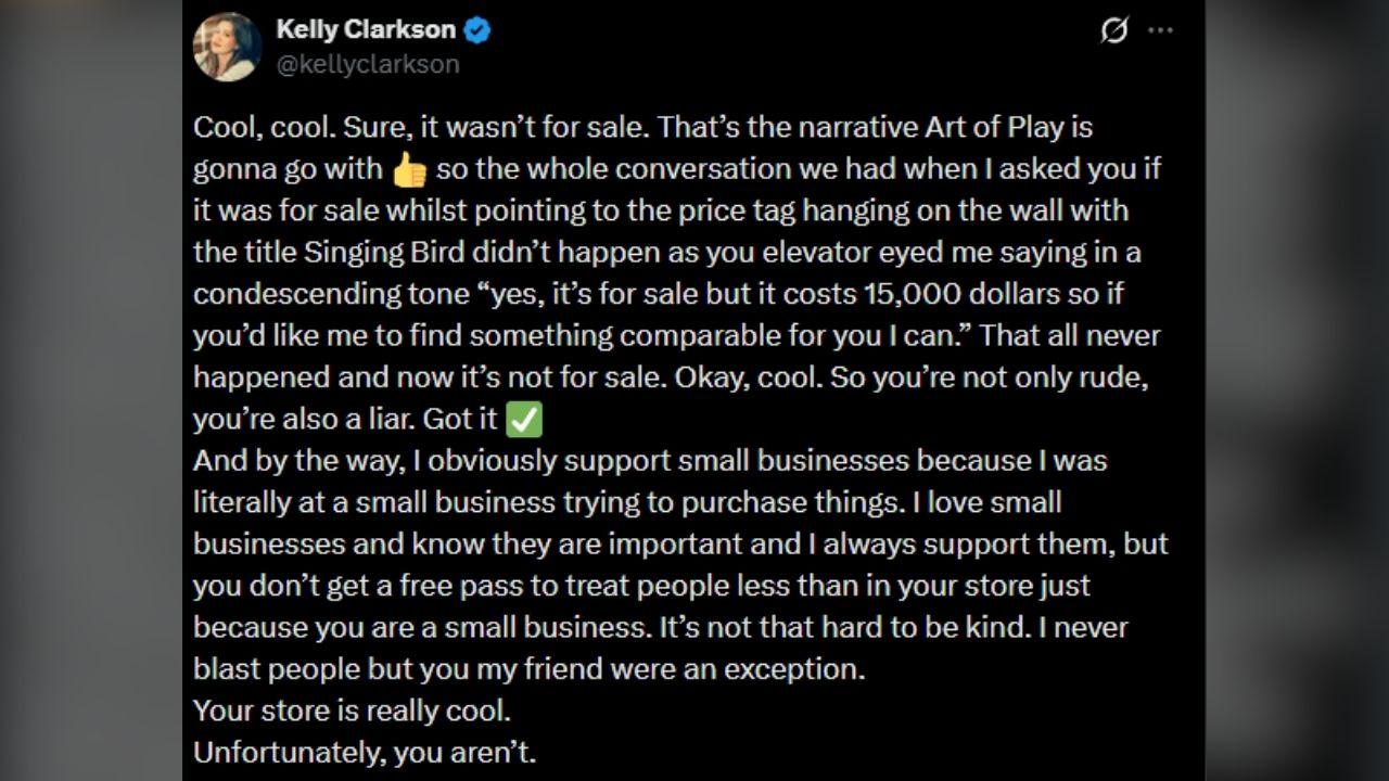 image of Kelly Clarkson accused Art of Play's owner of lying about their interaction during her visit to the Brooklyn store.