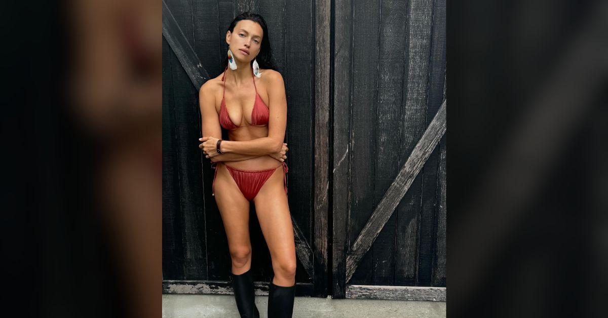 irina shayk spills out tiny red bikini top photos
