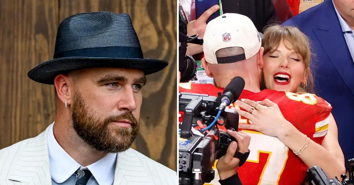 Picture of Travis Kelce and a photo of Travis Kelce hugging Taylor Swift