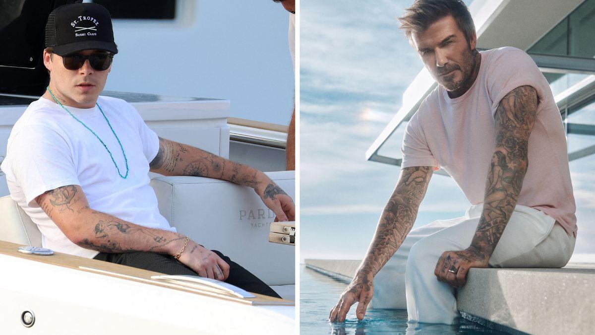 Split photo of Brooklyn Beckham and David Beckham.