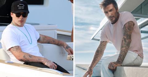 Split photo of Brooklyn Beckham and David Beckham.