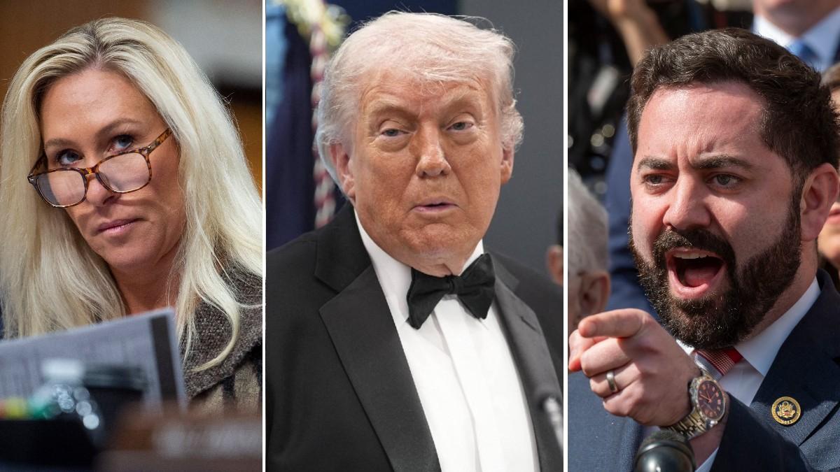 split of Marjorie Taylor Greene, Donald Trump, Mike Lawler. 