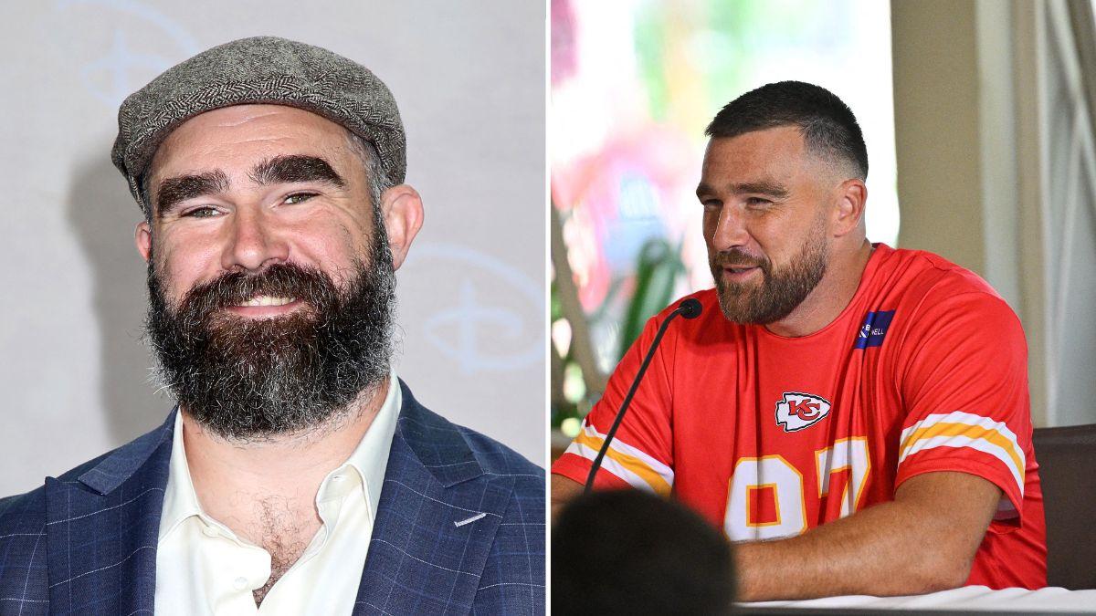 Photo of Jason Kelce and photo of Travis Kelce