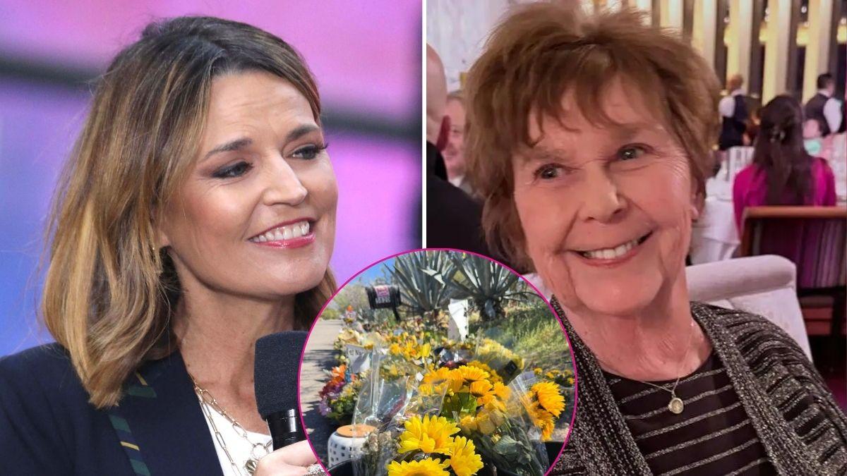 Split photo of Savannah Guthrie, Nancy Guthrie and her memorial.