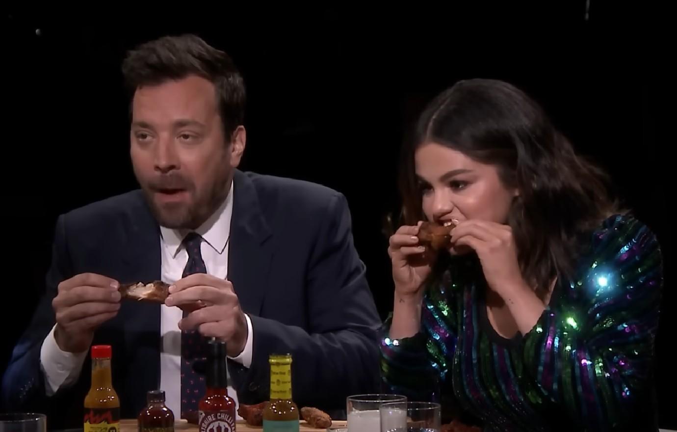 jimmy fallon selena gomez throw up sean evans hot ones killed treasure