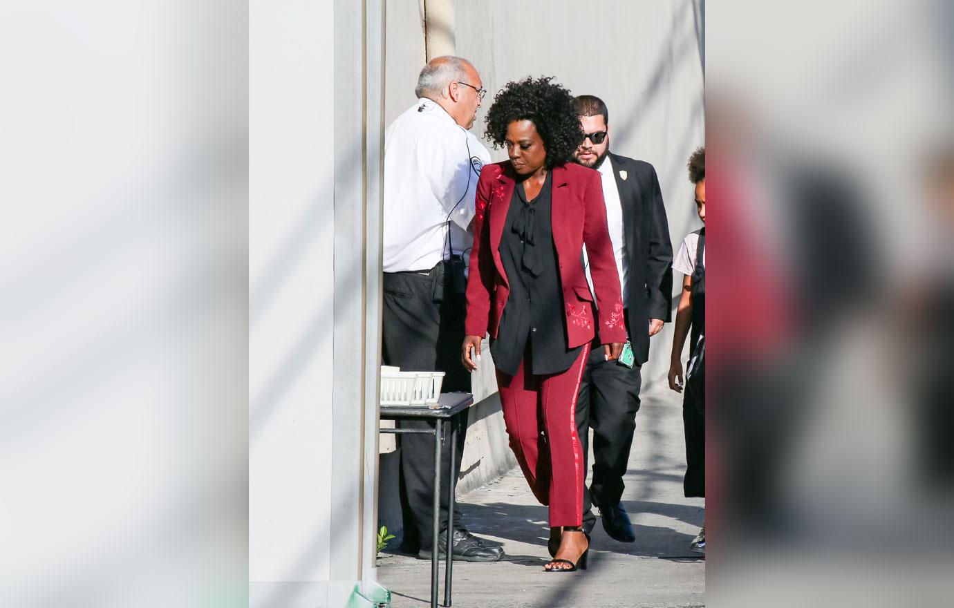 Viola davis jimmy kimmel live afro red pantsuit 5