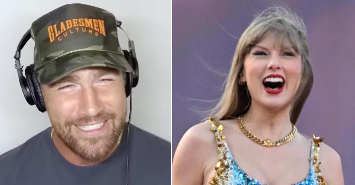 Photo of Travis Kelce; picture of Taylor Swift.