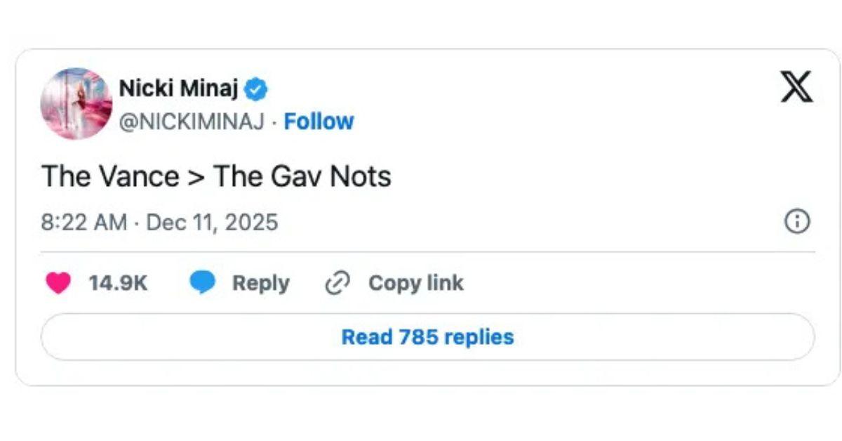 image of Nicki Minaj pitted J.D. Vance against Gavin Newsom in a new post on Thursday, December 11.