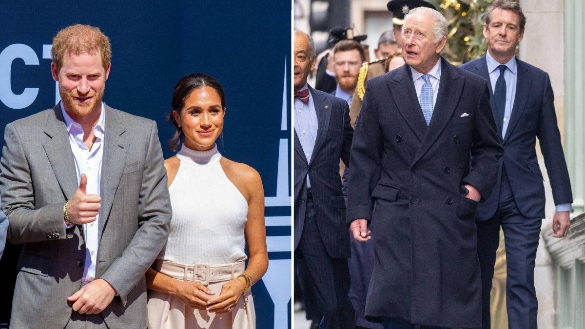 image split of prince harry meghan markle and King Charles 