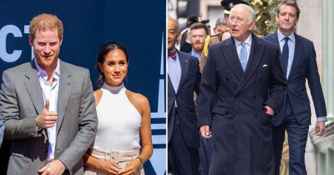 image split of prince harry meghan markle and King Charles