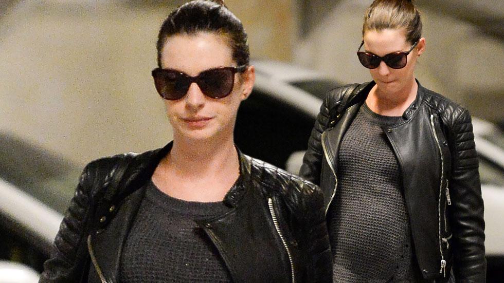 Anne Hathaway Pregnant Baby Bump Leather Jacket