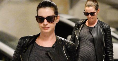 Anne Hathaway Pregnant Baby Bump Leather Jacket