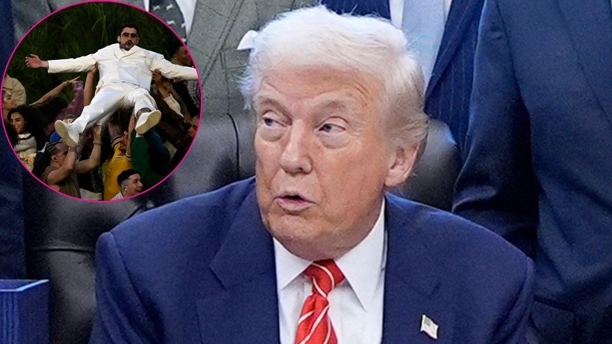 composite photo of donald trump and bad bunny performing at the super bowl