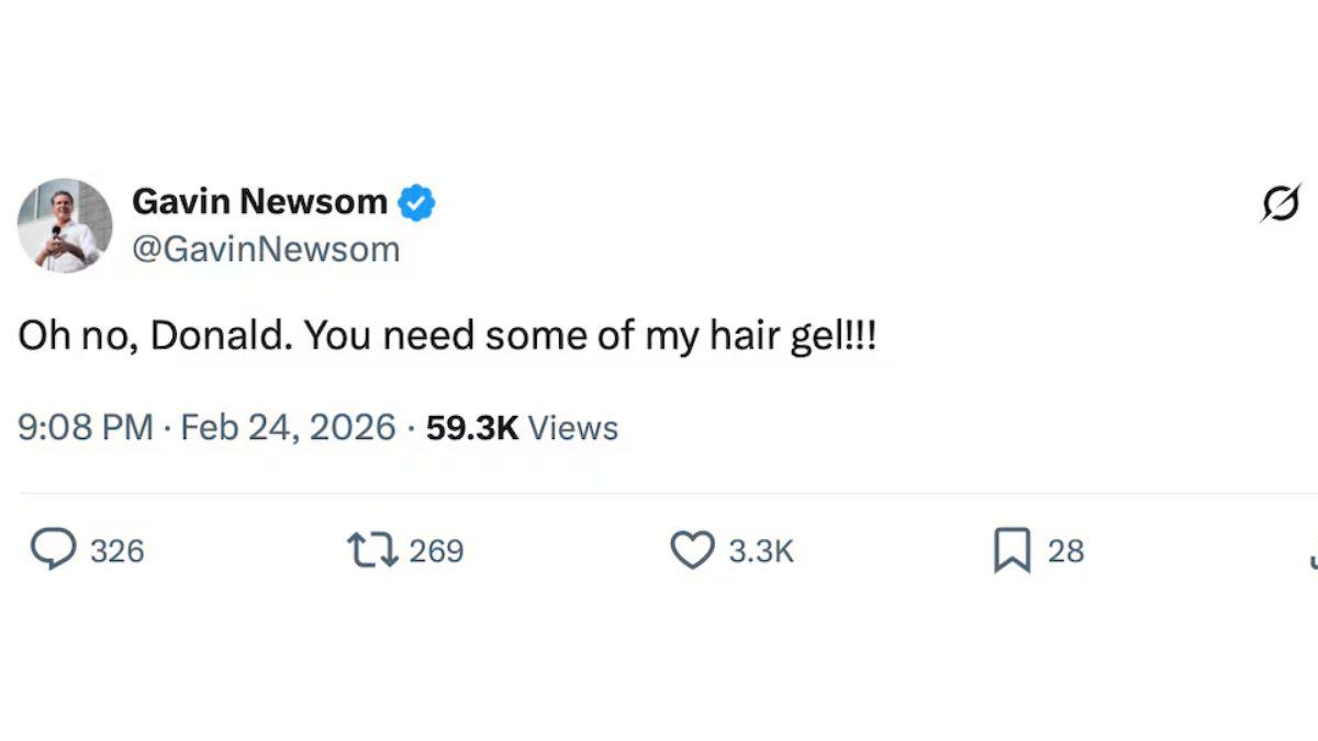 Image of Gavin Newsom took to X to jab Donald Trump's wispy State of the Union hair.