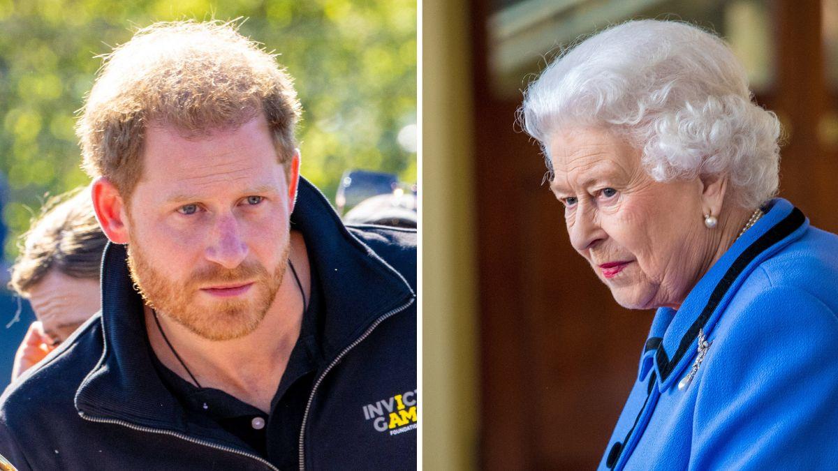 Split photo of Prince Harry and Queen Elizabeth.