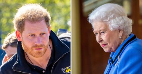 Split photo of Prince Harry and Queen Elizabeth.