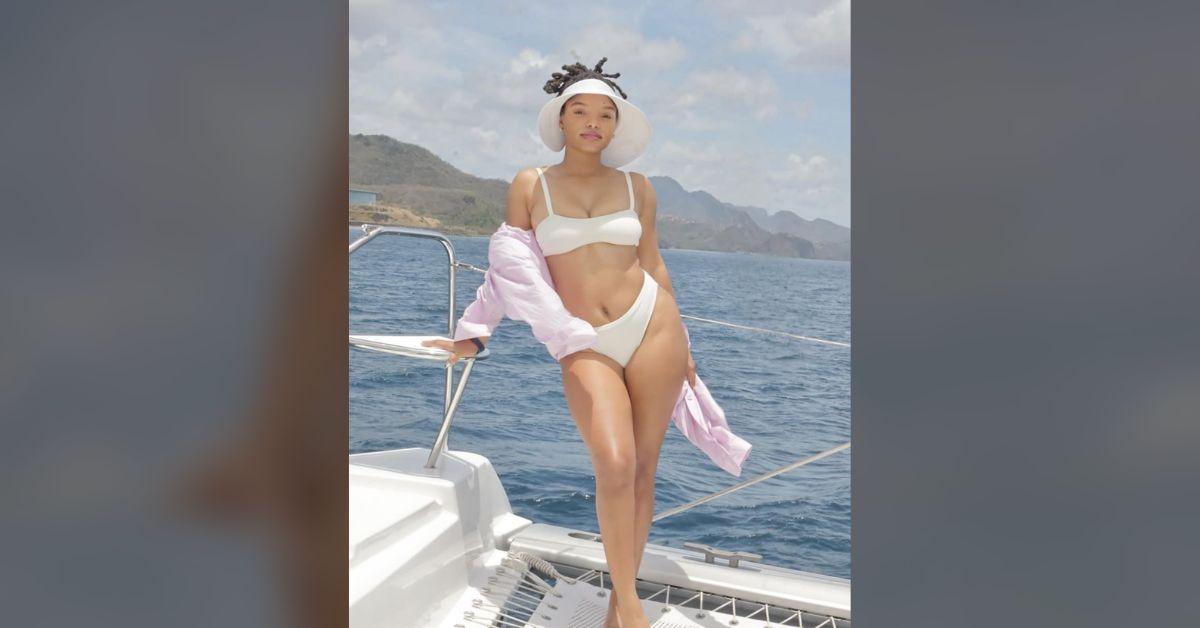 halle bailey shows off mom bod cheeky white bikini photos