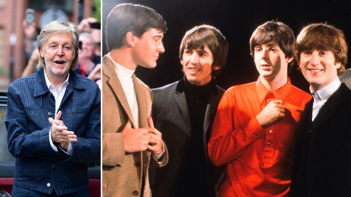 Split photo of Paul McCartney and The Beatles.