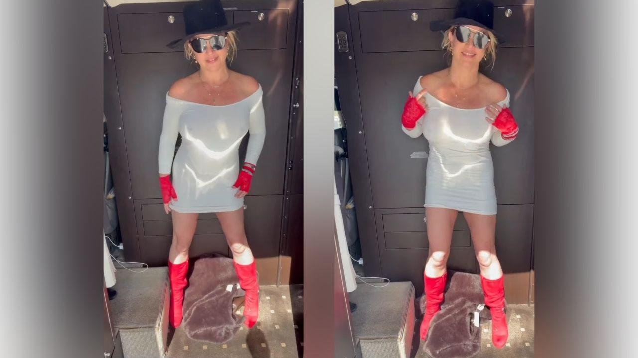 image of Britney Spears showed off a bold new look featuring a sheer white mini dress, bright red boots, matching gloves and oversized sunglasses.