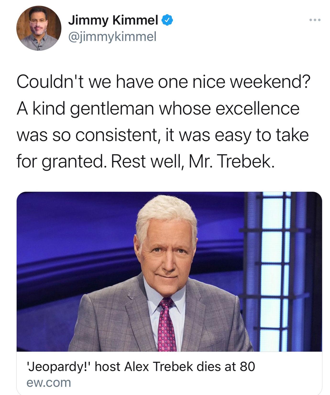 Alex trebek celeb reacts Jimmy Kimmel