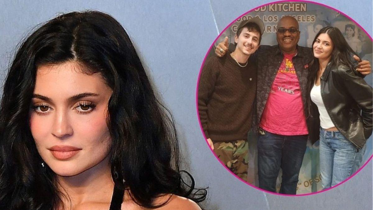 Photo of Kylie Jenner; photo of Timothée Chalamet and Kylie Jenner with a staffer from Dulan's Soul Food Kitchen