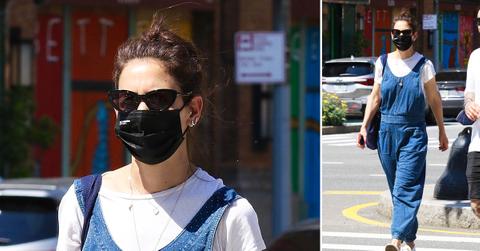 katie holmes steps out in blue overalls in degree weather in nyc ok