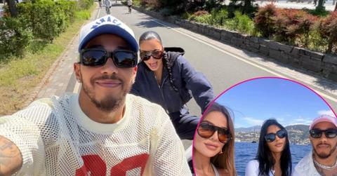 Photos of Lewis Hamilton, Kim Kardashian and Khloé Kardashian.