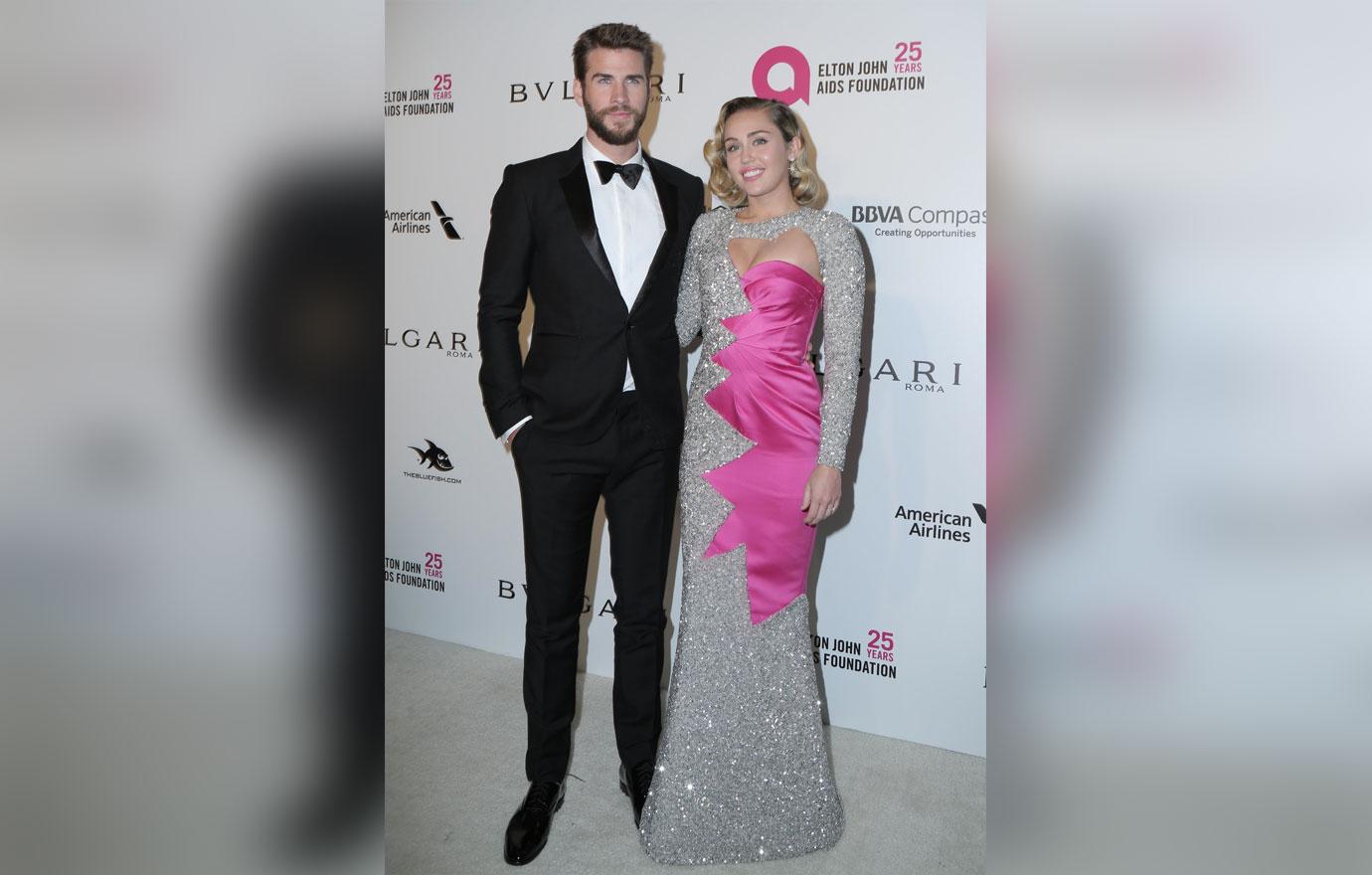 Miley Cyrus and Liam Hemsworth attend the 26th annual Elton John AIDS Foundation&#8217;s Academy Awards Viewing Party