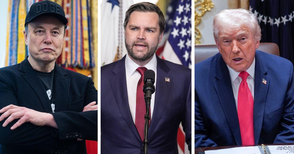 split photo of elon musk, j.d. vance and donald trump