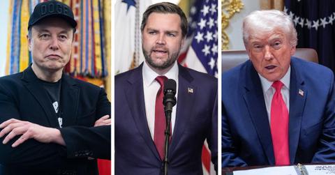 split photo of elon musk, j.d. vance and donald trump